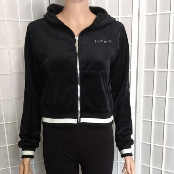 Bebe Black Velour Hooded Jacket W/ Rhinestone Logo - Picture 1 of 16